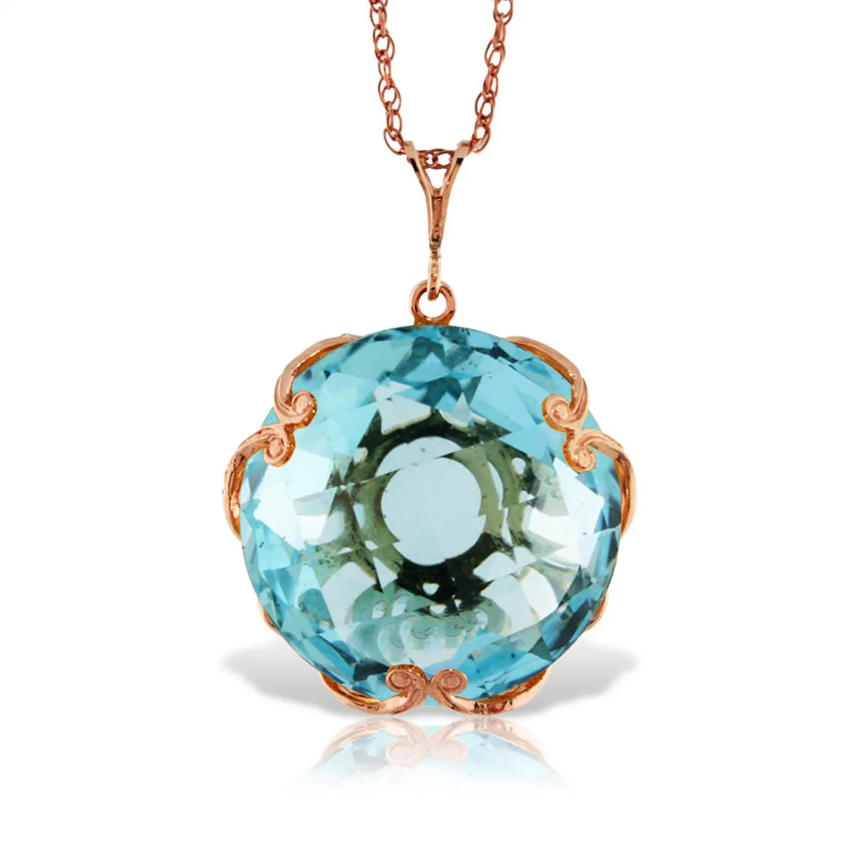 14K Solid Rose Gold Round Blue Topaz Necklace