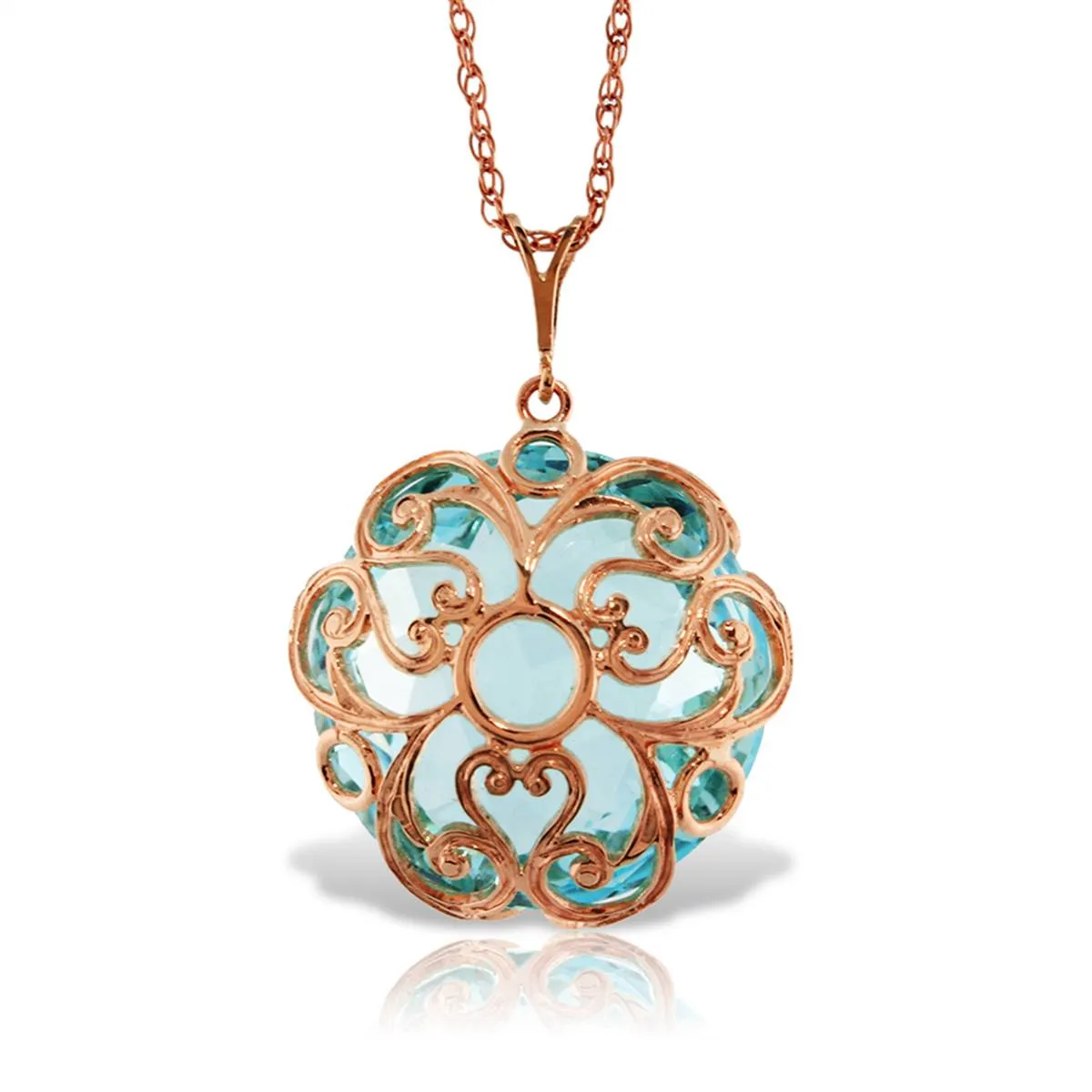 14K Solid Rose Gold Round Blue Topaz Necklace