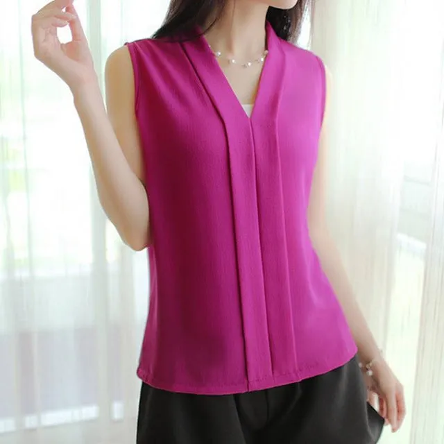 2017 New Fashion Women Chiffon Blouses Ladies Tops Female Sleeveless Shirt Blusas Femininas White,Red,Purple,Black S-XL