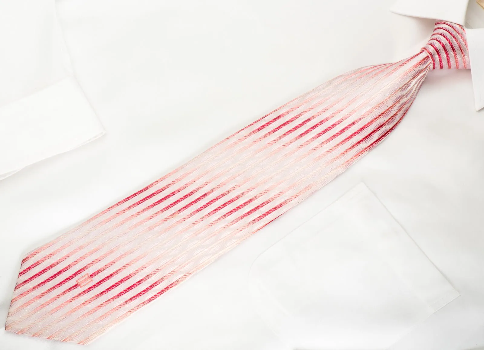 Daks Woven Silk Tie Vertical Striped On Pink With Silver Sparkles