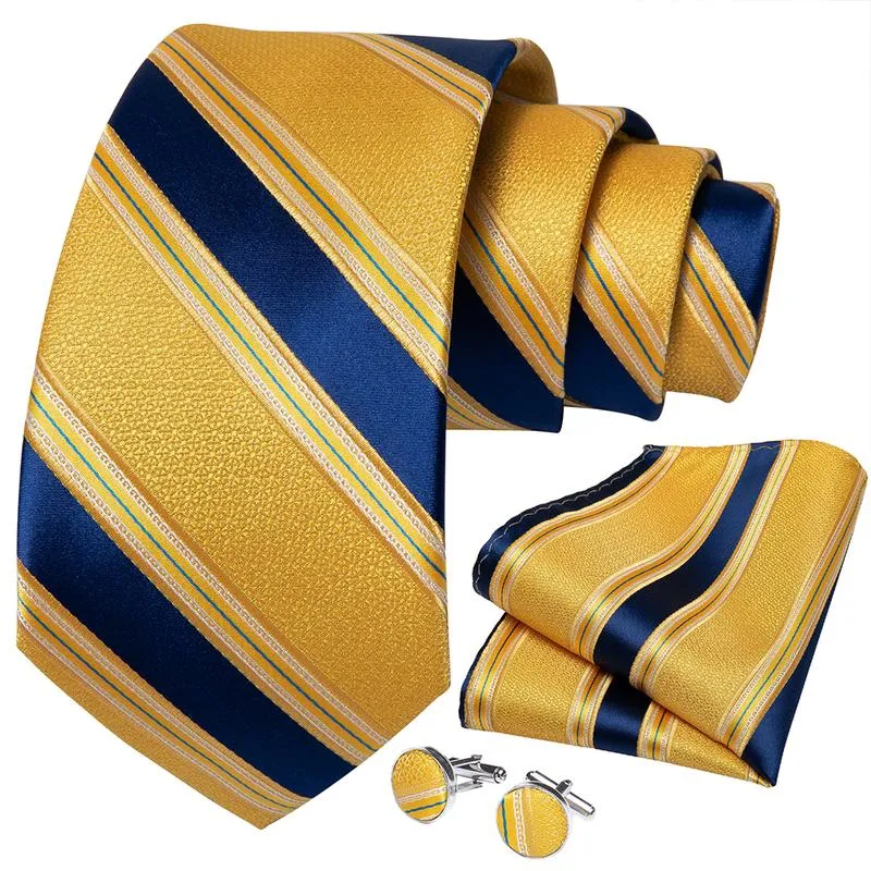 DiBanGu Silk Tie Ring Set 4PC Yellow Blue Striped Men's Tie Set with Tie Ring