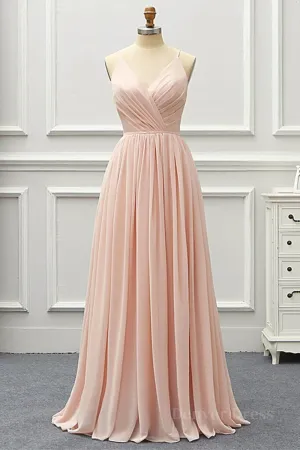 Elegant A Line V Neck Pink Long Prom Dress Pink Formal Graduation Evening Dress