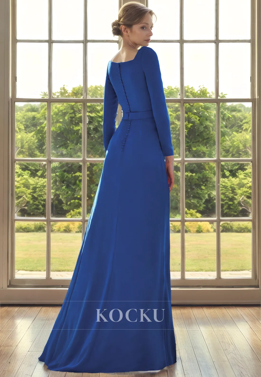 Elegant & Simple Square Long sleeves A-Line Split Cocktail Mother of the Bride Dress