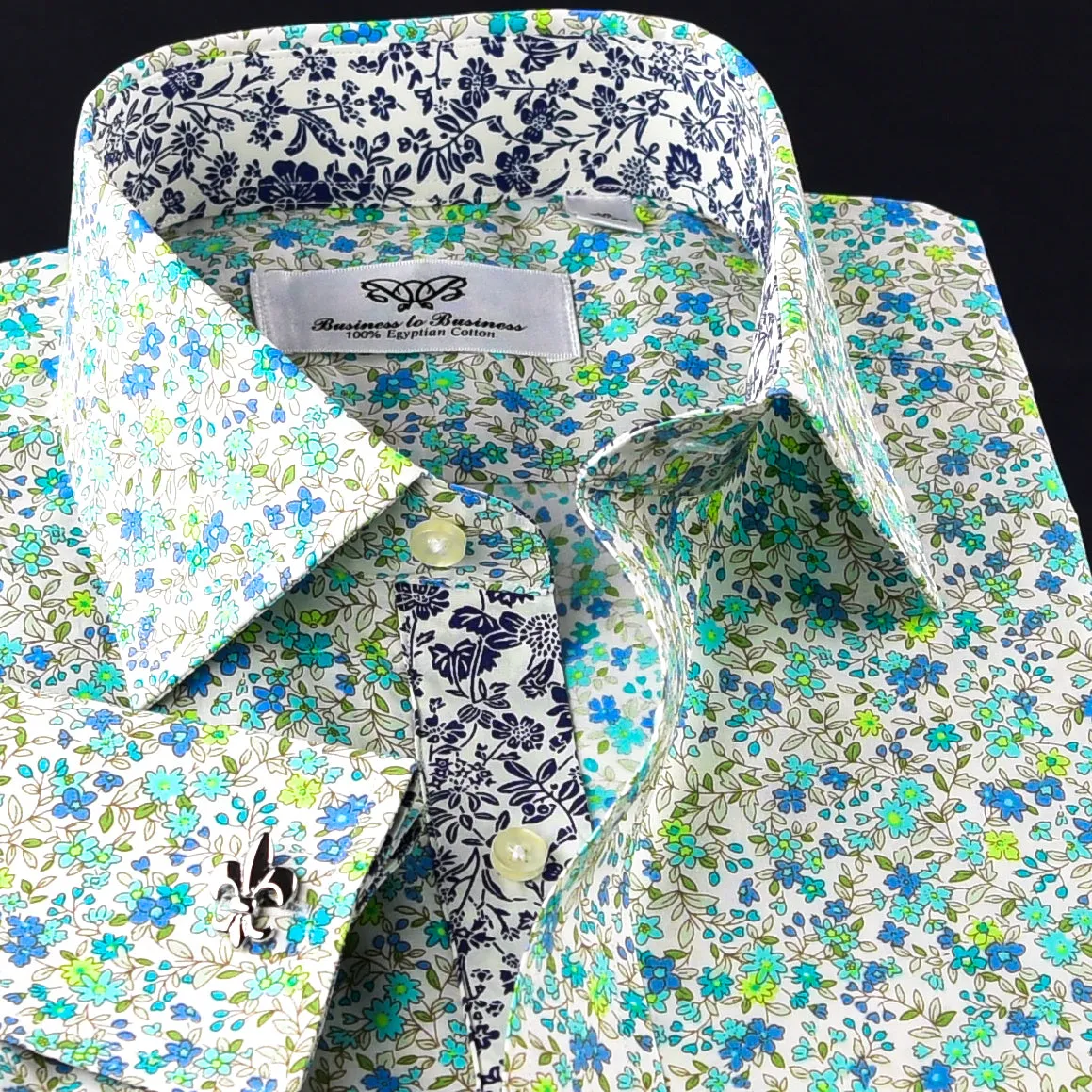 Elegant Green Flower Print Fabric Dress Shirt French Cuff For Holiday Wear