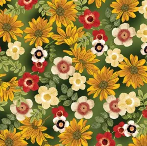 FLORAL GARDEN FLANNEL GREEN FABRIC