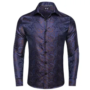 Hi-Tie Paisley Navy Blue Shirt Brown Jacquard Mens Button Down Shirt