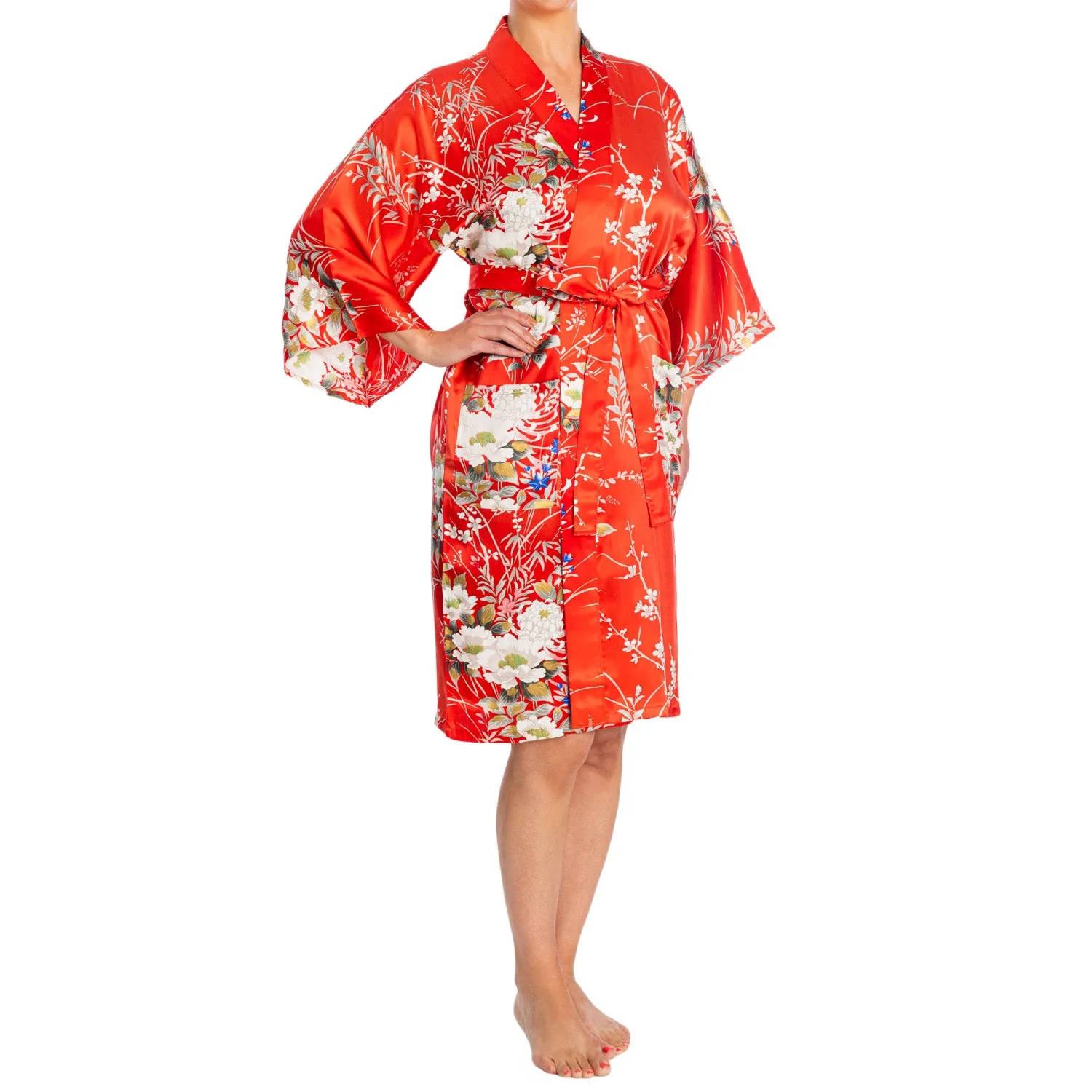 Japanese Silk Kimono Floral Print Short Red