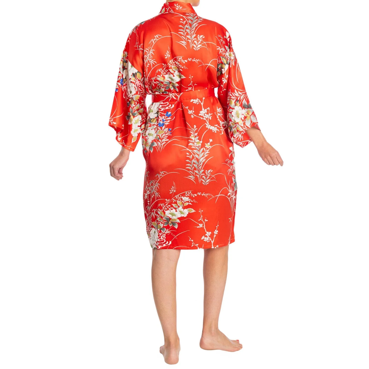 Japanese Silk Kimono Floral Print Short Red