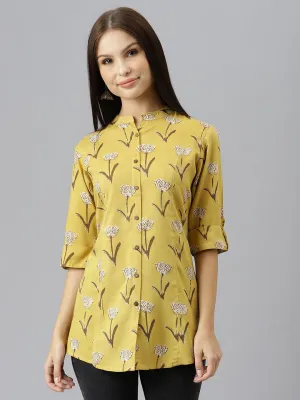 Mustard Floral Rayon A-Line Shirts Style Top