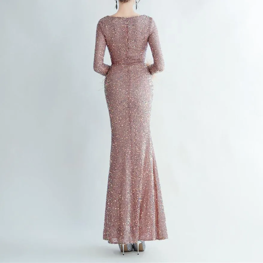 Olivia Lace Long Sleeve V-Neck Sequined Maxi Dress