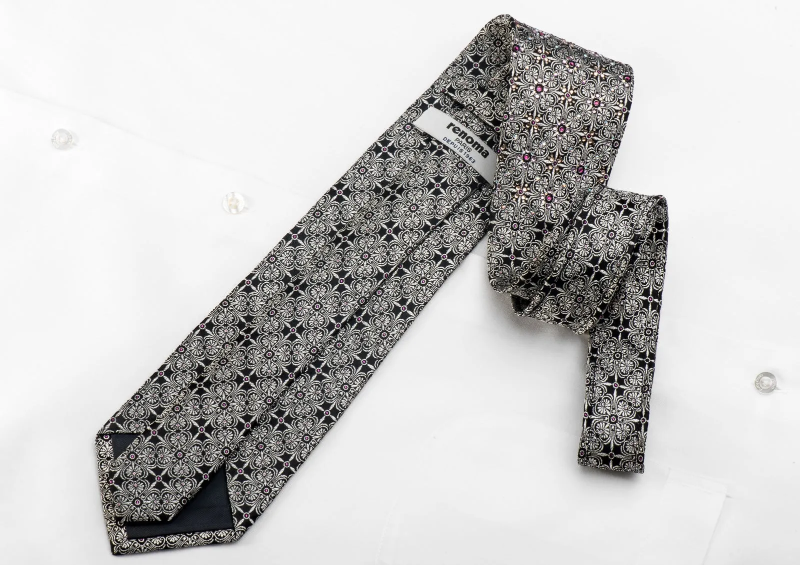 Renoma Men's Crystal Rhinestone Necktie Silver Cartouche On Black Silk With Silver Sparkles