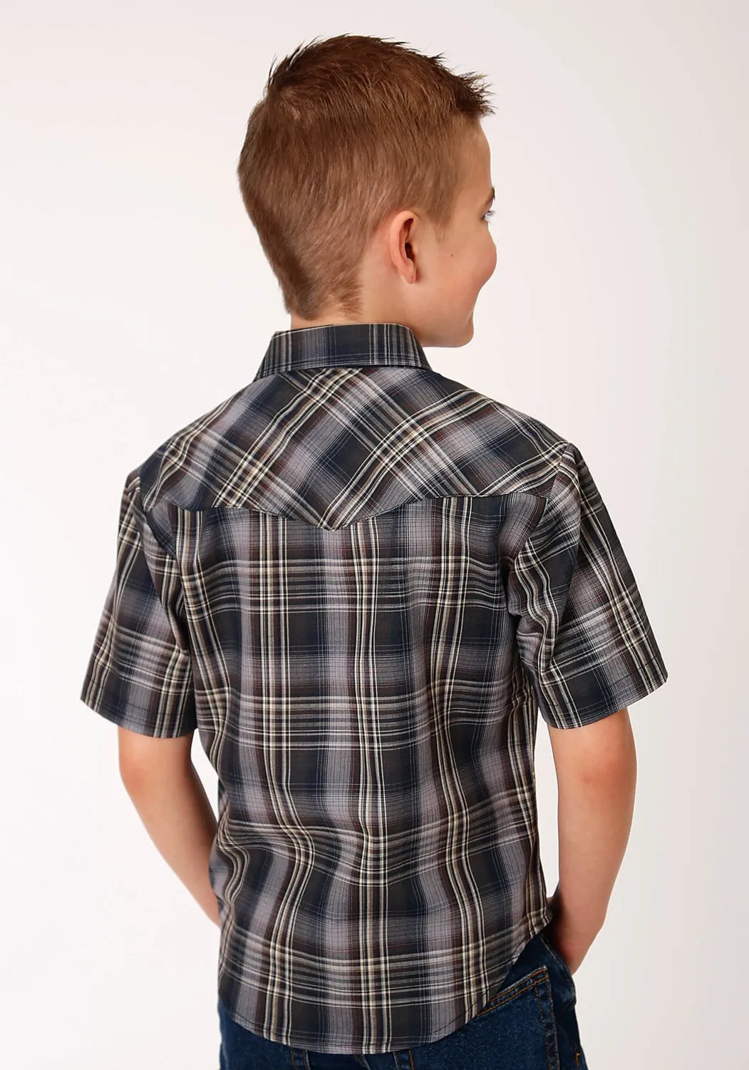 Roper Boys Navy/Cream Cotton Blend 55/45 Plaid S/S Shirt