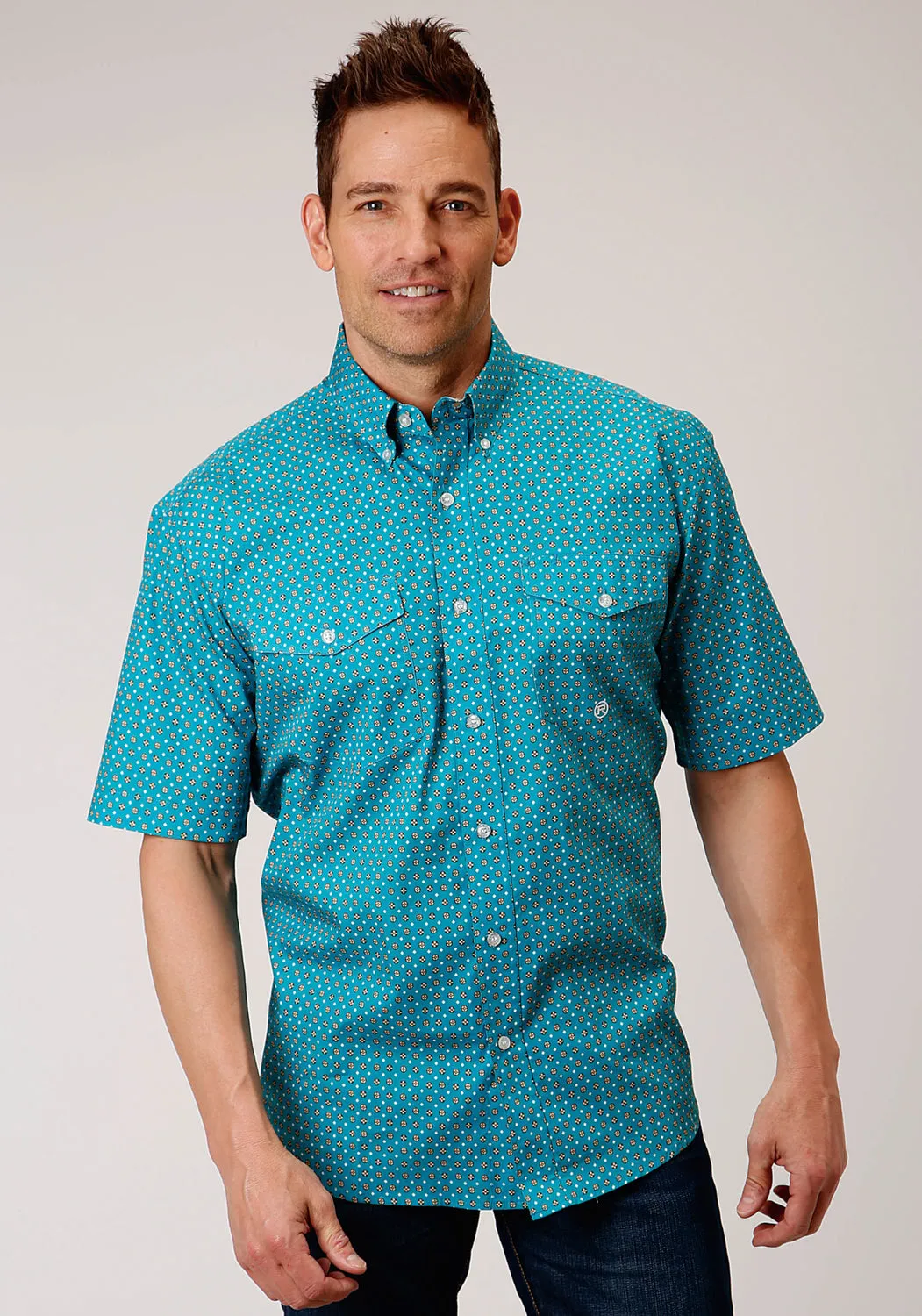 Roper Mens Turquoise 100% Cotton Foulard BD S/S Btn Shirt