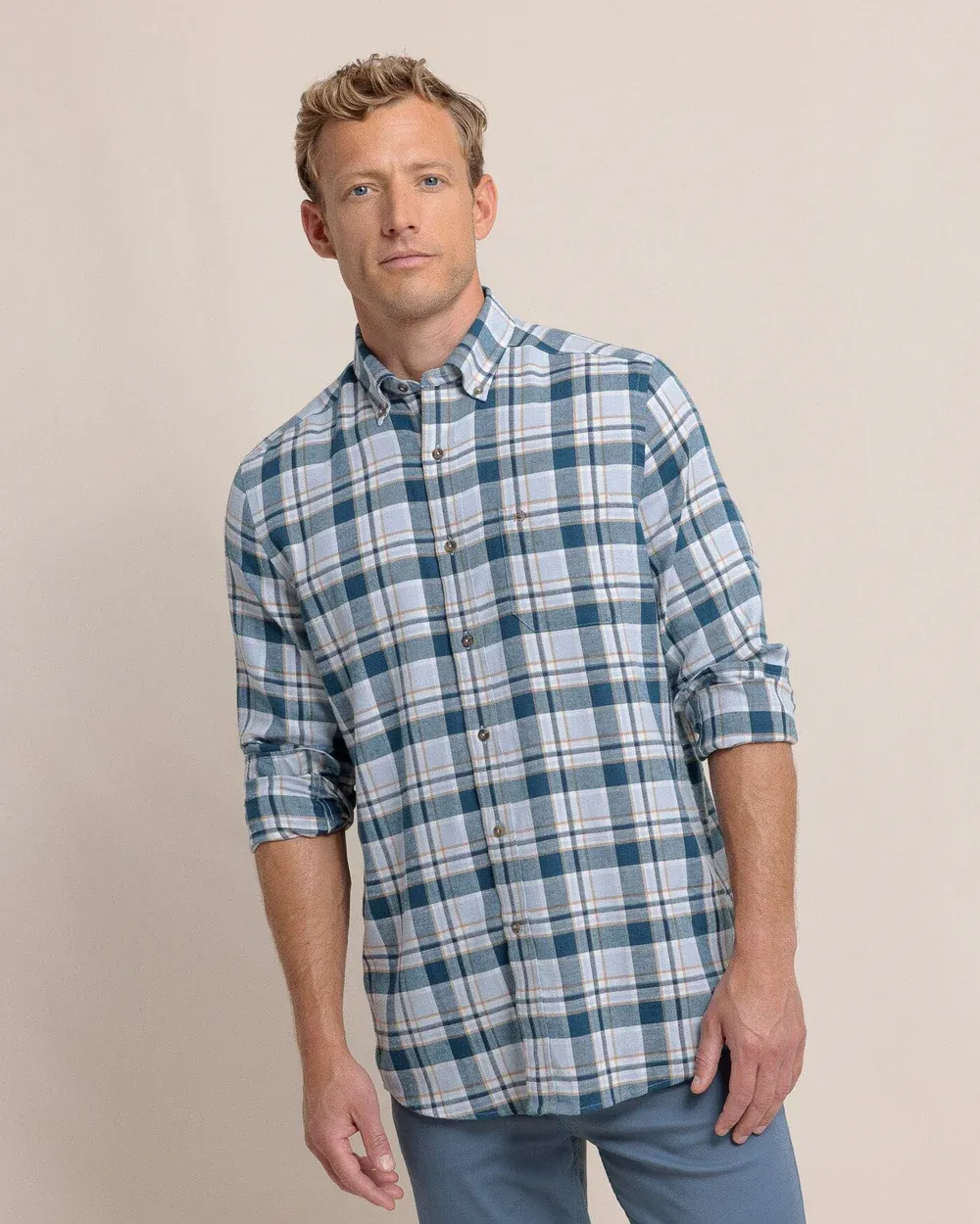 Southern Tide Men's Sweetgrass Plaid Beach Flannel LS Sportshirt / Teal Haze