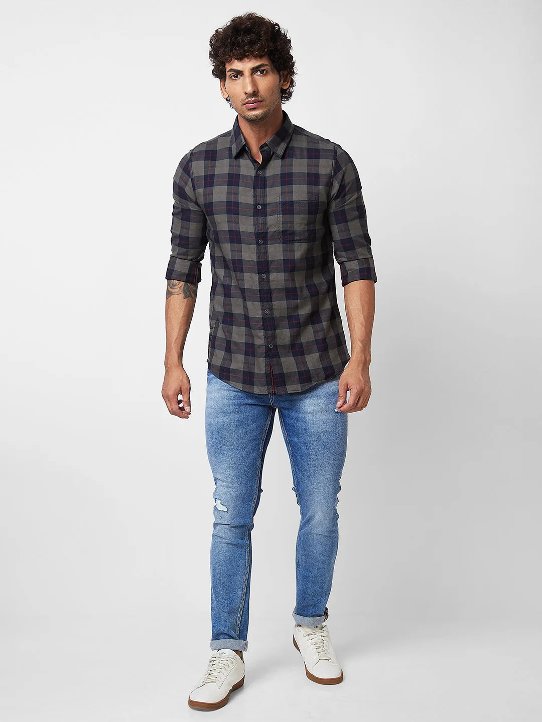 Spykar Khaki CHECKED FULL SLEEVE Shirt For Men