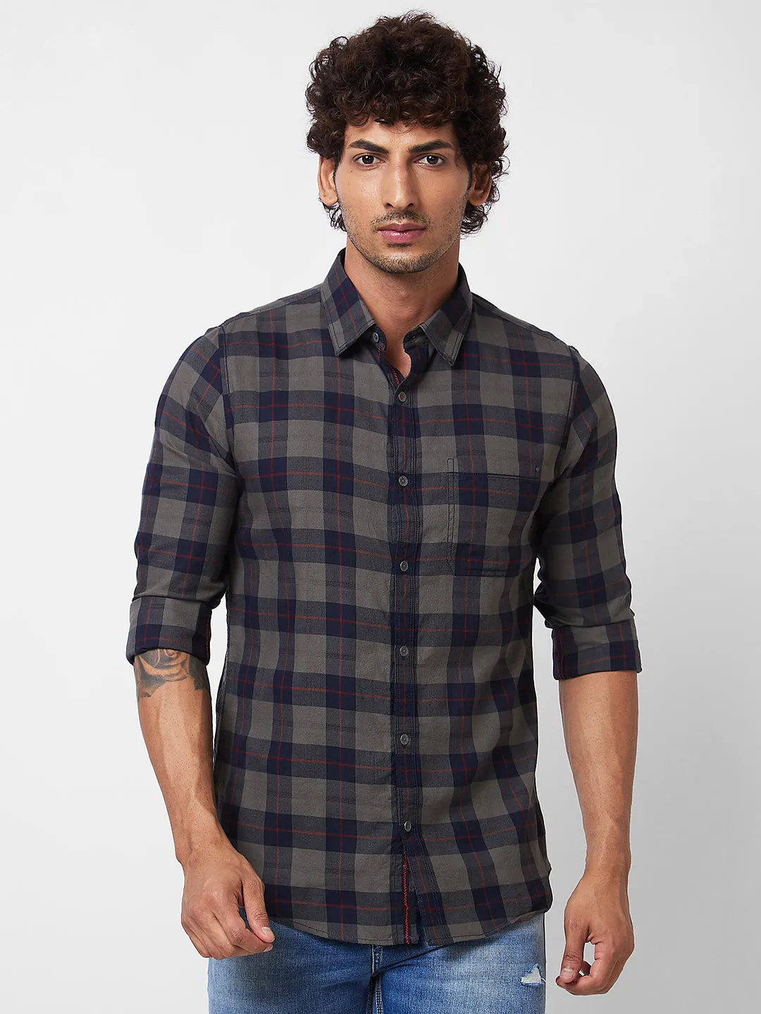 Spykar Khaki CHECKED FULL SLEEVE Shirt For Men