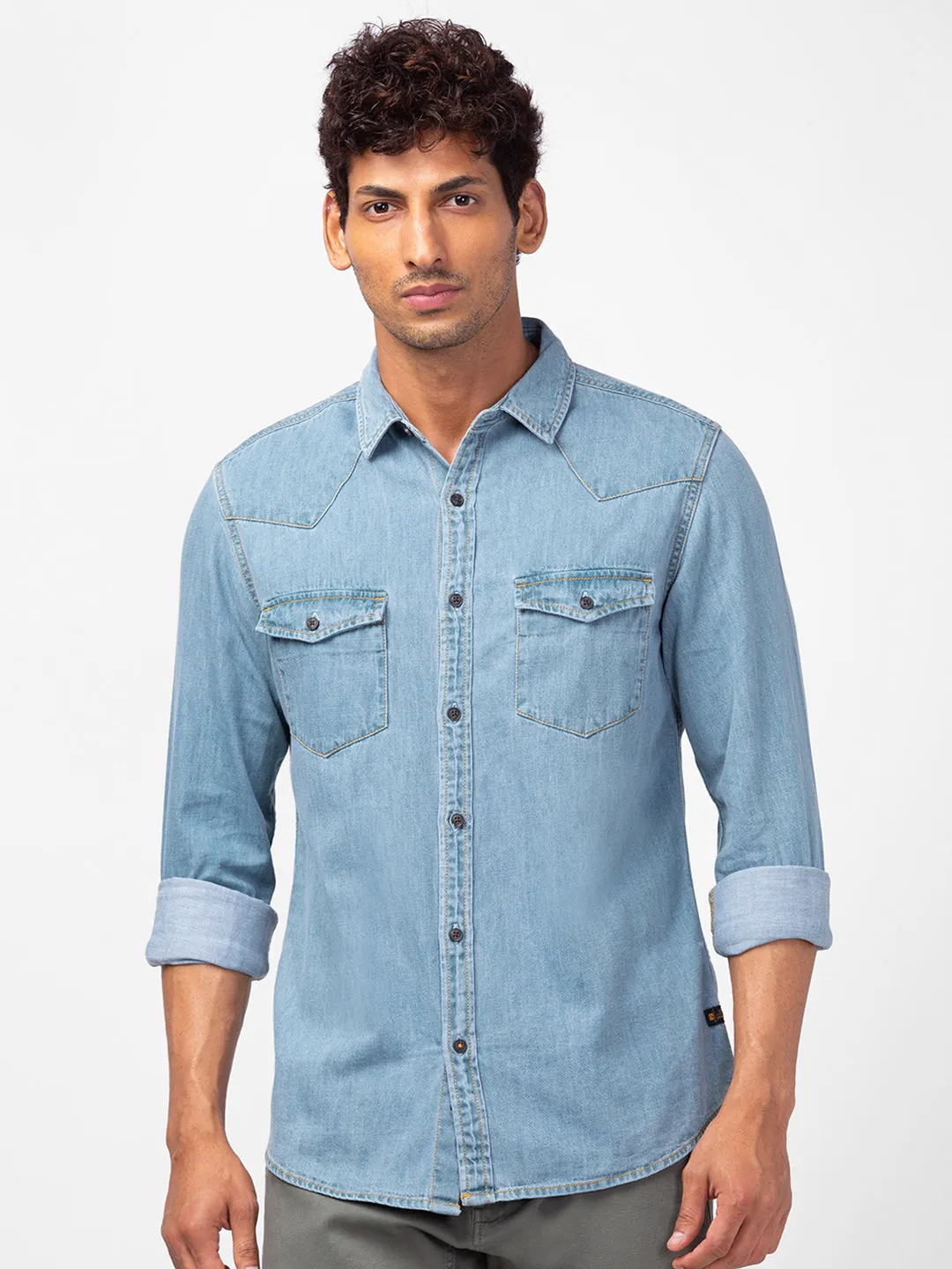 Spykar Men Light Blue Cotton Slim Fit Denim Shirts