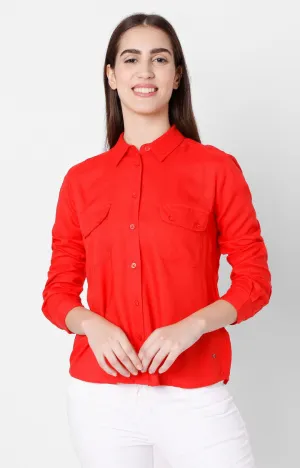 Spykar Regular Fit Red Cotton Women Shirts