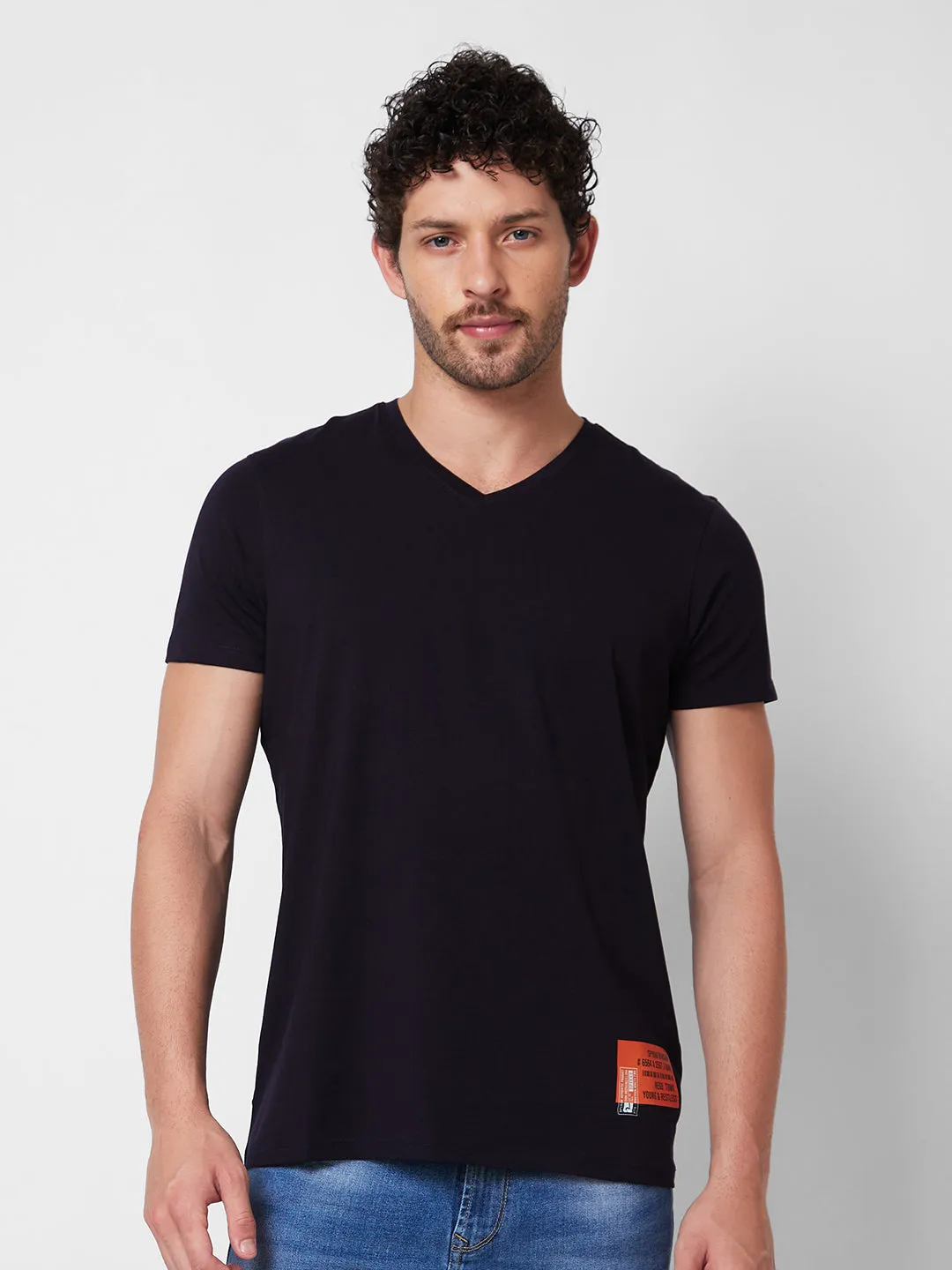 Spykar V NECK HALF SLEEVES Blue T-shirt  For Men