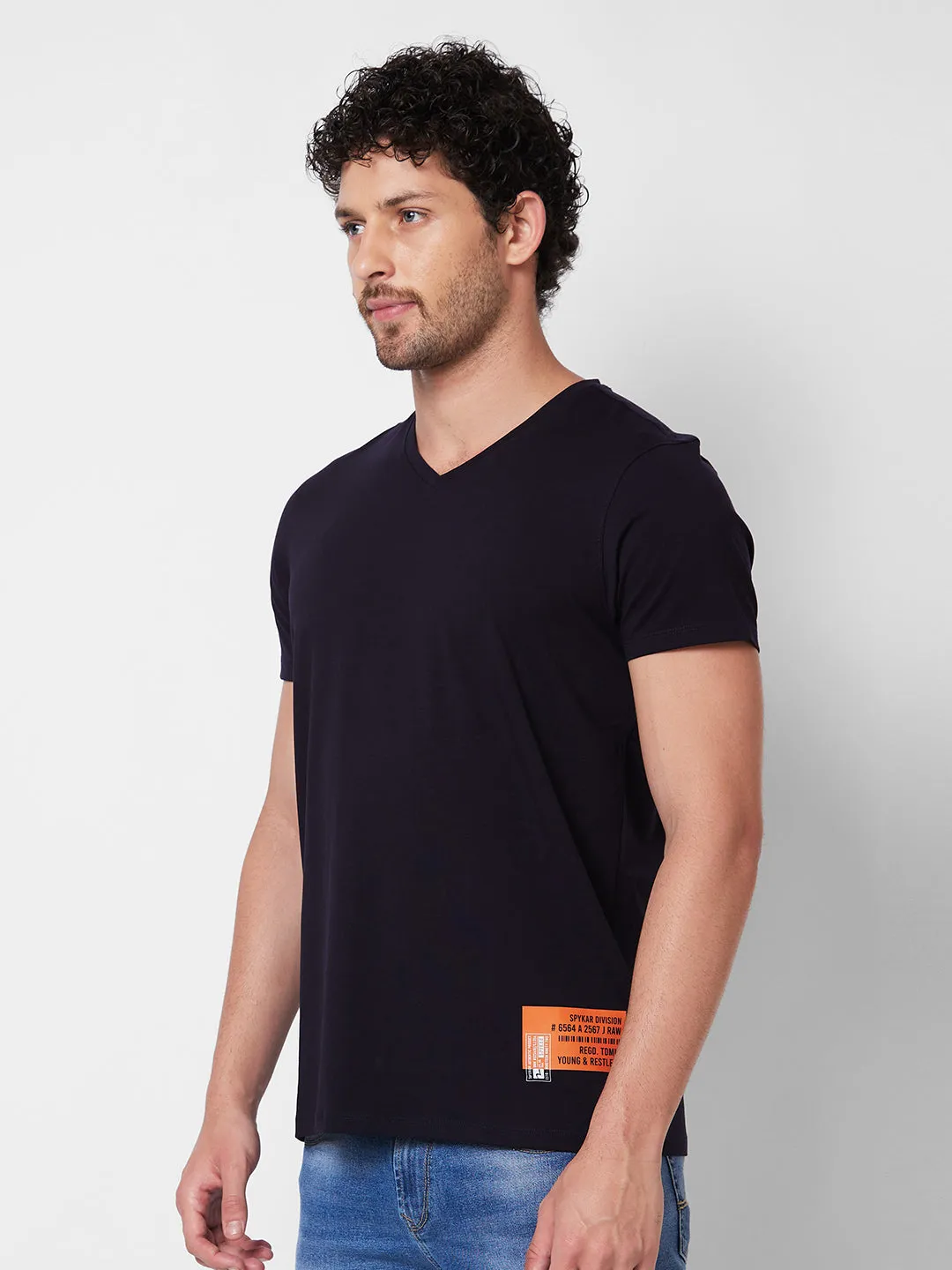 Spykar V NECK HALF SLEEVES Blue T-shirt  For Men