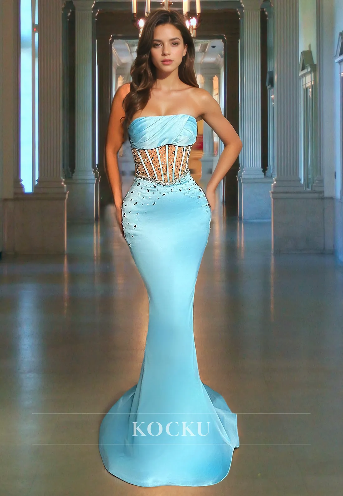 Strapless Mermaid Prom Dress Sleeveless Beads Satin Evening Party Dress with Train