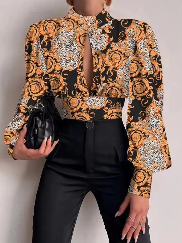 Trendy Backless Hollow Print Crop Blouse