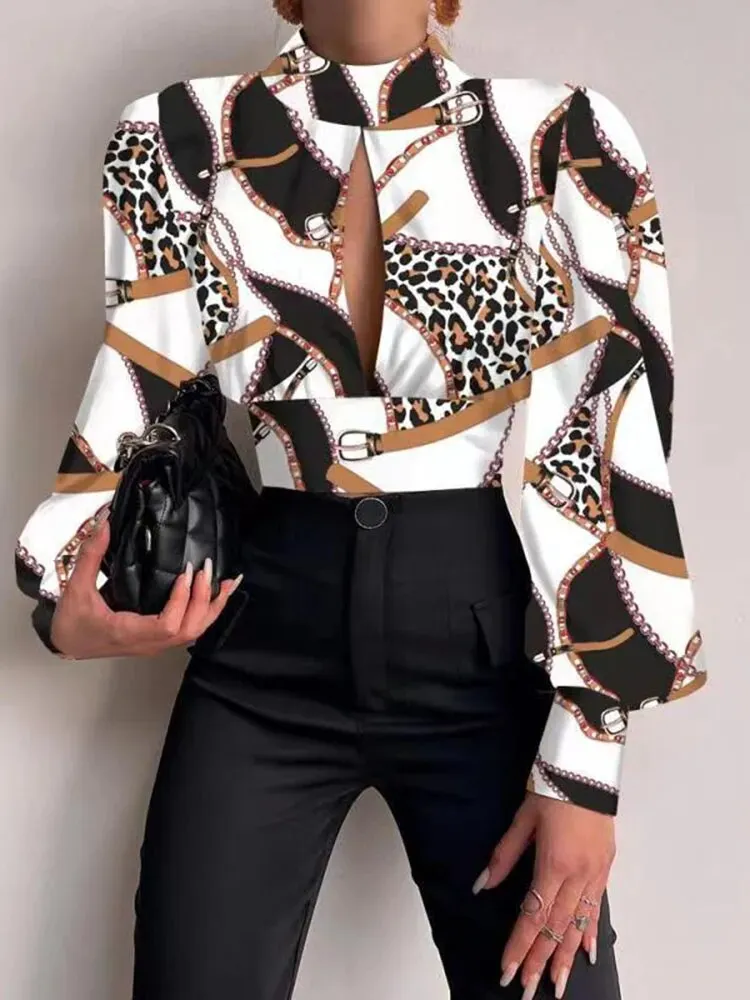 Trendy Backless Hollow Print Crop Blouse