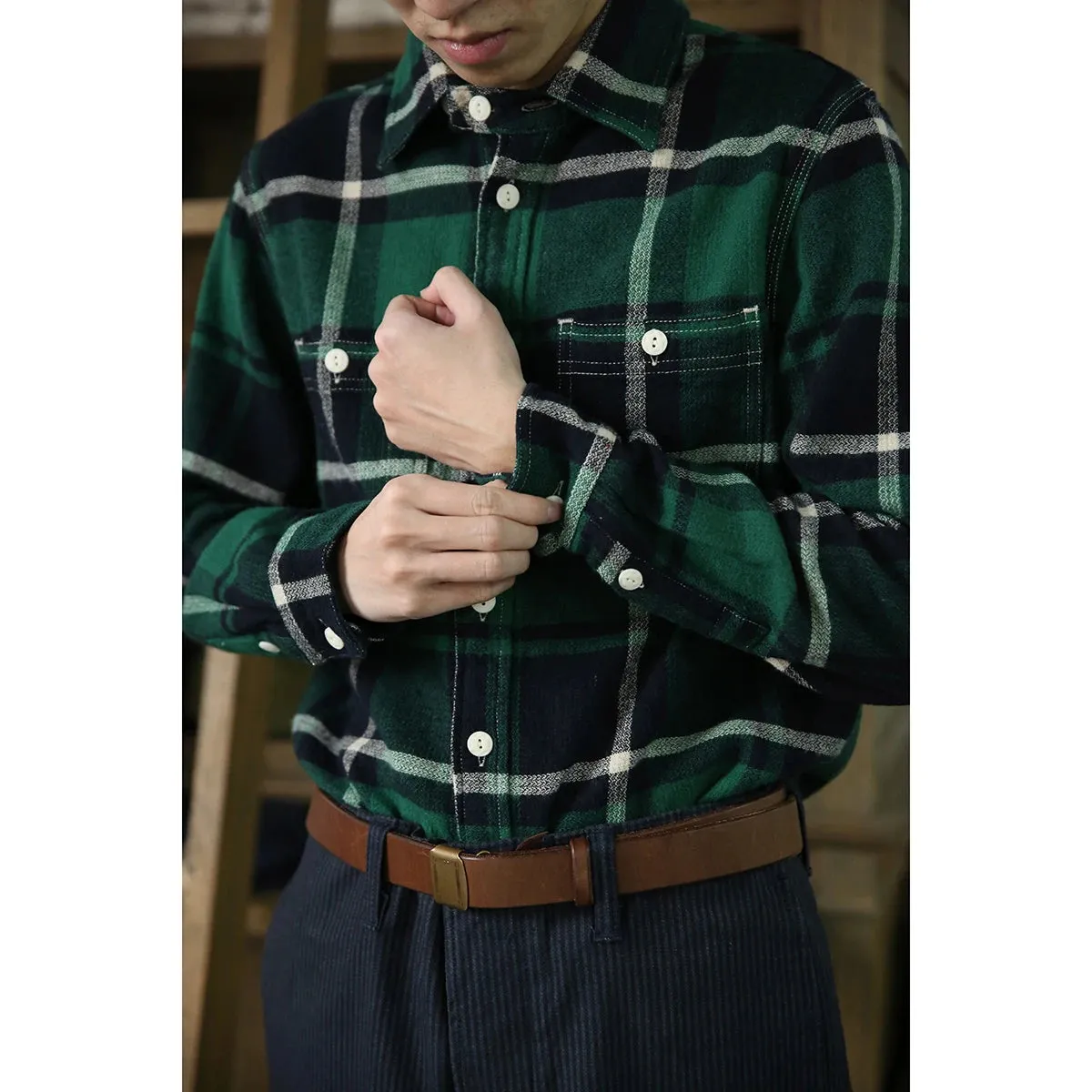 Vintage Style Flannel Work Shirt - Men's Long Sleeve Plaid Casual Shirts