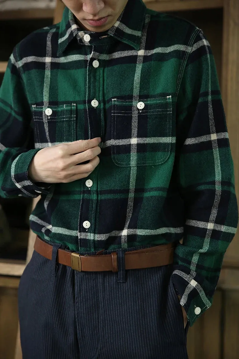 Vintage Style Flannel Work Shirt - Men's Long Sleeve Plaid Casual Shirts