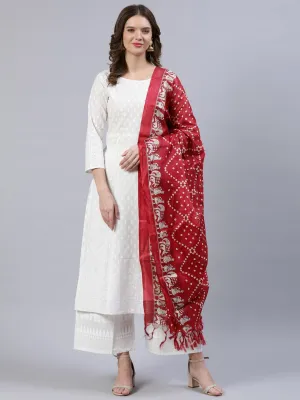 Women Off-White Printed A- Line Kurta With Palazo & Dupatta