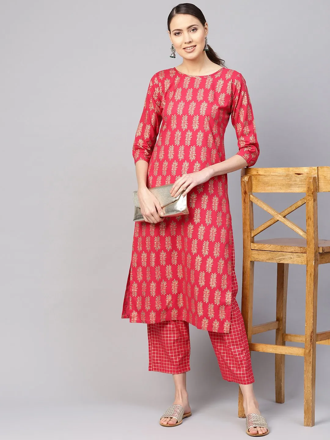 Women Red & Golden Printed Kurta With Trousers