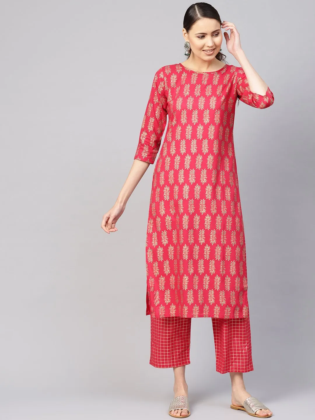 Women Red & Golden Printed Kurta With Trousers