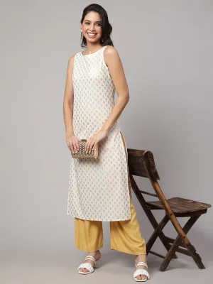 Women White Gold Printed Straight Sleeveless Kurta