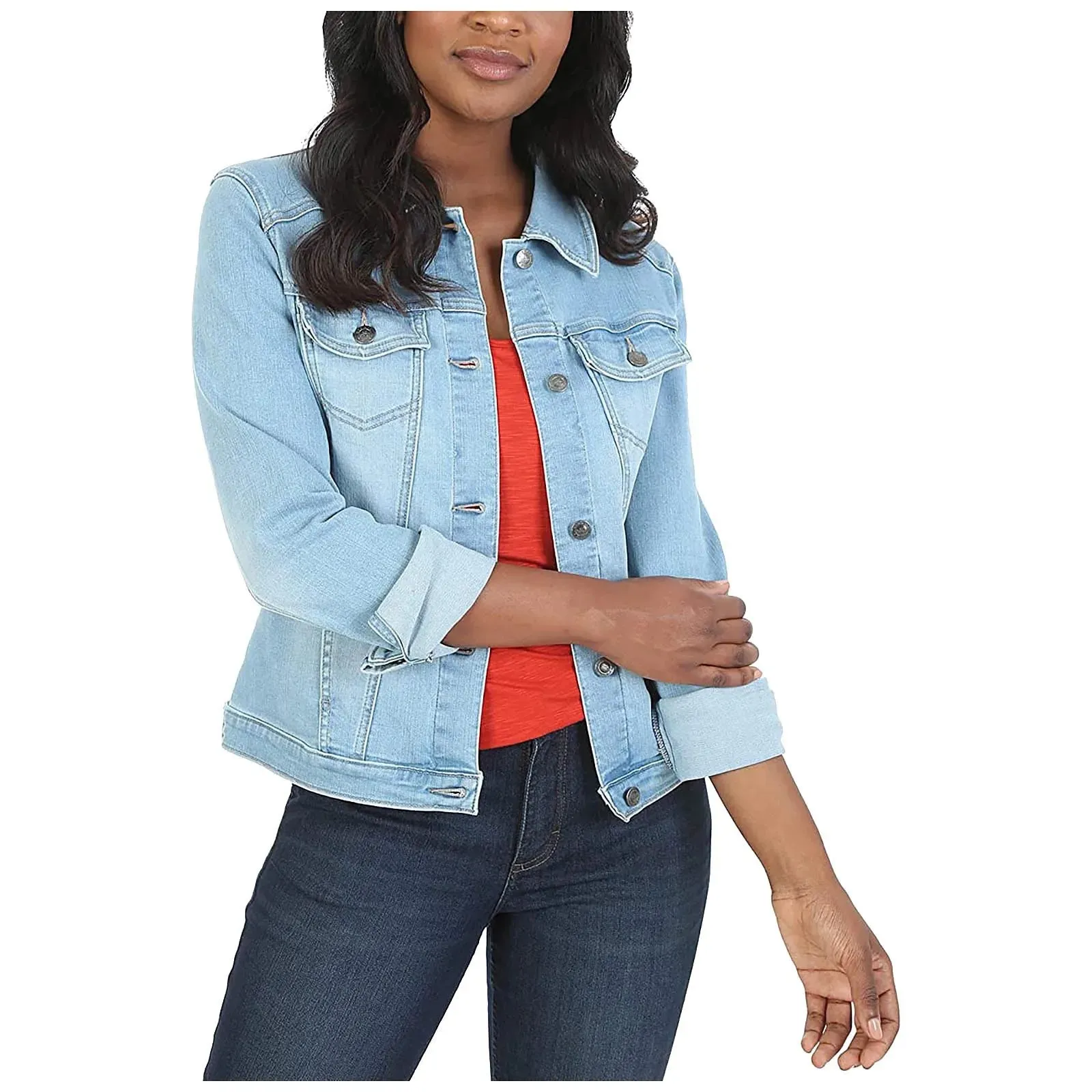 Women's Casual Denim Jacket Western Basic Lapel Button Up Long Sleeve Trucker Jean Jacket Biker Coat Tops