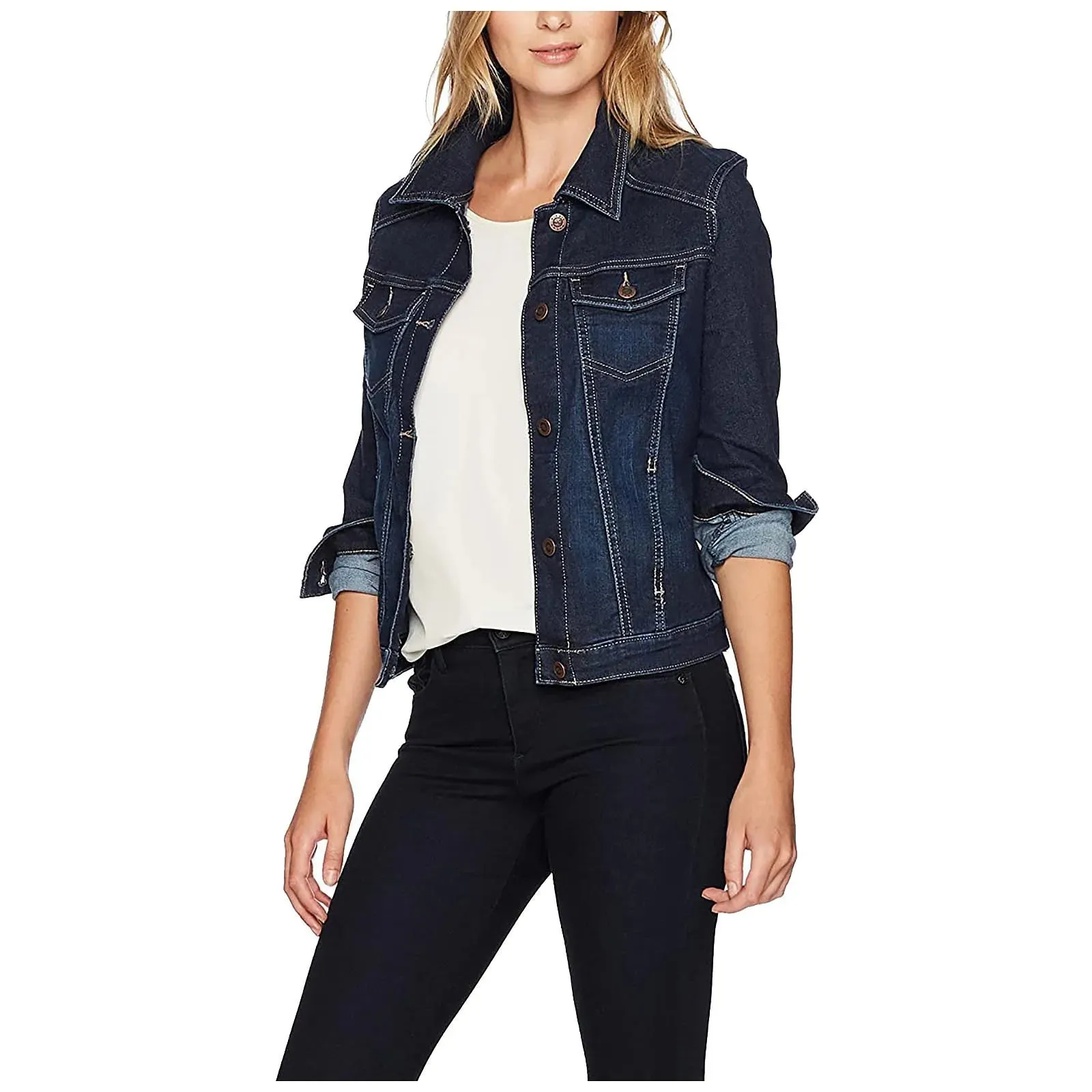 Women's Casual Denim Jacket Western Basic Lapel Button Up Long Sleeve Trucker Jean Jacket Biker Coat Tops